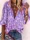 Leaves Print 3/4 Sleeve V-neck Vintage Shirt For Women - Purple