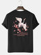 Mens Crane Floral Letter Back Print Cotton Casual Short Sleeve T-Shirts - Black
