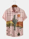 Mens Cactus Desert Landscape Print Button Up Short Sleeve Shirts - Pink