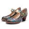 SOCOFY Retro Leather Floral Splicing Snakeskin Round Toe Chunky Heel Pumps - Grey