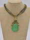 Vintage Inlaid Rhinestones Alloy Flowers Drop-shaped Turquoise Pendant Colorful Beaded Winding Chain Necklace - Green