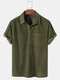 Mens Solid Color Basic Style Corduroy Lapel Short Sleeve Henley Shirt - Green