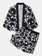 Mens All Over Cartoon Animal Print Kimono Two Pieces Outfits - Black