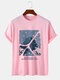 Mens Cherry Blossoms Mountain Graphic Short Sleeve Cotton T-Shirts - Pink