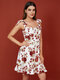 Oriental Flower Print Tie Strap Open Back Ruffle Mini Dress - White