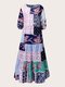 Plus Size Vintage Patchwork O-neck Loose Ethnic Print Dress - Purple