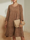 Solid Color Long Sleeve O-neck Corduroy Midi Dress For Women - Coffee