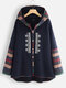 Jacquard Vintage Patch Ethnic Hooded Button Long Sleeve Coat - Wine Red