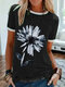Flower Print Short Sleeve O-neck Casual T-shirt For Women - Black