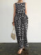 Sleeveless Pocket Leopard Print Round Neck Maxi Dress - Gray