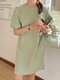 Check Print Casual Crew Neck Puff Sleeve Dress - Green
