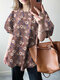 Floral Print Puff Sleeve Plus Size Crew Neck Blouse - Pink