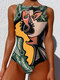 Women Personalized Abstract Print One Piece High Neck Sleeveless Slimming Swimsuit - Green