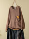 Patchwork Loose O-Neck Long Sleeve Blouse With Pocket - Coffee