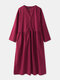 Casual O-neck Long Sleeve Button Plus Size Dress with Pockets - Wine Red