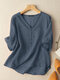Solid Half Sleeve V-neck Casual Blouse For Women - Blue