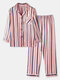 Women Faux Silk Irregular Stripe Revere Collar Chest Pocket Long Pajamas Sets - Pink