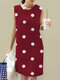 女性のためのドットプリントノースリーブクルーネックドレス - 赤