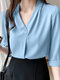 Solid Half Sleeve V-neck Blouse For Women - Blue
