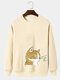 Mens Cartoon Cat Hand Print Crew Neck Pullover Sweatshirts - Apricot