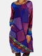 Contrast Color Patchwork Print Long Sleeve Vintage Dress For Women - Purple
