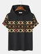 Mens Ethnic Geometric Print Patchwork Short Sleeve Hooded T-Shirts - Black