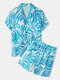 Herren All Over Leaf Print Reverse Collar Holiday Zweiteiler Outfits - Blau