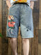 Cartoon Embroidery Patchwork Ripped Short Jeans For Women - Blue