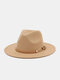 Unisex Dacron Solid Color Iron Hoop Strap Decoration Wide Brim Sunshade Top Hat Fedora Hat - Khaki