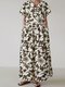 Bohemian Flower Print V-neck Plus Size Holiday Dress with Pocket - Brown