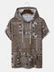 Mens Paisley Scarf Print Ethnic Short Sleeve Hooded T-Shirts With Pocket - Coffee