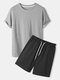 Mens Solid Color Round Neck Drawstring Shorts Plain Two Pieces Outfits - Gray