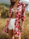 3/4 Sleeve Floral Print Bohemian Kimonos For Women - Red