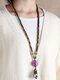 Vintage Ethnic Geometric-shape Beadeds Tassel Pendant Ceramics Bodhi Wooden Beadeds Necklaces - Purple