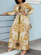 प्लस साइज महिलाओं की विंटेज बारोक प्रिंट लंबी आस्तीन वाली मैक्सी ड्रेस - खुबानी