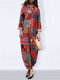 Lapel Ethnic Print Long Sleeve Vintage Jumpsuit For Women - Red
