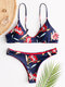 Women Bikini Floral High Cut Triangle Backless Swimwear - Navy