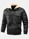 Mens PU Leather Thicken Zip Front Lapel Collar Jackets With Flap Pockets - Black