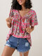 Bohemian Print Tie Front Open Back Short Sleeve Blouse - Pink