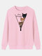 Cartoon Cat Printed O-neck Long Sleeve Sweatershirt - Pink