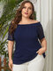 Solid Color Off Shoulder Lace Short Sleeve Plus Size Blouse for Women - Navy