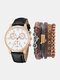 5 Pcs/Set PU Alloy Men Business Casual Watch Decorated Pointer Quartz Watch Bracelets - Gold+White