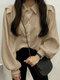 Solid Pleated Shoulder Long Sleeve Pearl Button Lapel Shirt - Khaki
