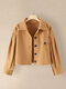 Solid Button Lapel Long Sleeve Crop Jacket For Women - Brown