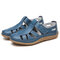Leather Hollow Out Breathable Soft Hook Loop Causal Flat Shoes - Blue