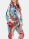 Women Tie-Dye Coral Fleece Kangaroo Pocket Hooded Sleepwear Thick Winter Pajamas Set - Rainbow