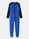 Mens Color Block Long Sleeve Crew Neck Button Comfy Casual Cotton Pajamas Onesies - Blue