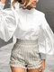 Solid Color Long Lantern Sleeve Ruffle Shirt For Women - White