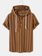 Mens 100% Cotton Stripe Short Sleeve Drawstring Hoodie Casual Hooded T-Shirts - Brown