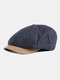 Men Plain Color Casual Personality Stripe Pattern Newsboy Hat Octagonal Cap Flat Hat - Navy